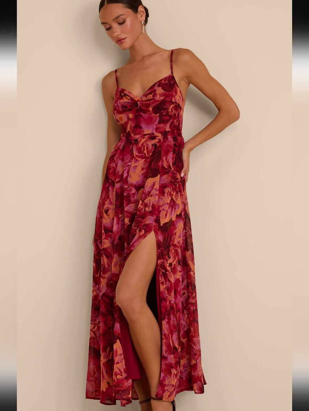 Lulus Beautiful Soul Burgundy Floral Print Twist-Front Maxi Dress - Picture 2 of 14